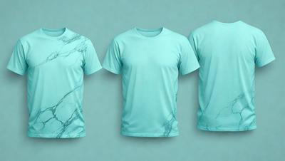 The primary subject of the image is a blue shirt with a marbled pattern. The shirt is displayed in three different orientations, showcasing its design from various angles. The setting is a blue background, which complements the shirt's color and adds to the overall visual style. The image is a digital art or illustration, capturing the shirt's unique pattern and design. The colors and mood of the image are predominantly blue, creating a calm and soothing atmosphere.
