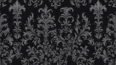 The primary subject of the image is a black and white patterned fabric featuring ornate designs. The setting is a black background, which highlights the intricate patterns and designs. The visual style is a combination of a photo and a digital art, illustration, or drawing. The colors and mood of the image are predominantly black and white, giving it a classic and elegant appearance.