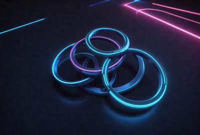 The primary subject of the image is a group of three rings, each with a different color, placed on a black surface. The setting appears to be a dark room, and the visual style is a close-up of the rings. The colors and mood of the image are predominantly dark and mysterious, with the neon rings providing a contrasting and eye-catching element.