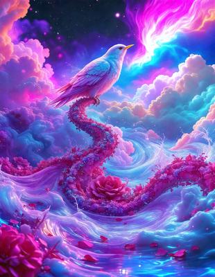 The primary subject of the image is a bird, specifically a blue bird, perched on a long, pink, flowery stem. The bird is sitting on top of the stem, which is surrounded by a vibrant and colorful background. The visual style of the image is digital art, with the bird and the stem being the main focus of the composition. The colors and mood of the image are lively and cheerful, with the blue bird and the pink, flowery stem creating a sense of harmony and beauty