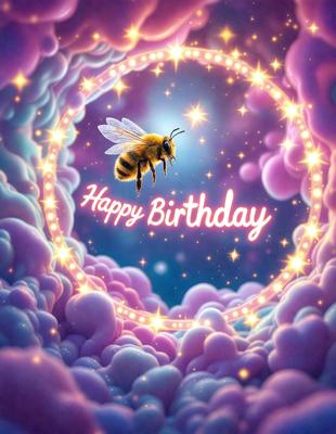 The primary subject of the image is a bee flying in front of a purple background. The setting appears to be a colorful, whimsical environment, possibly a birthday celebration. The visual style is a combination of digital art and illustration, creating a vibrant and lively atmosphere. The dominant colors are purple and pink, which contribute to the festive and joyful mood of the scene.