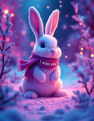 The primary subject of the image is a white bunny rabbit wearing a scarf and standing in a snowy environment. The setting includes a pink background, which adds a touch of warmth to the cold winter scene. The visual style of the image is a combination of photo and digital art, creating a unique and charming illustration. The dominant colors in the image are white and pink, giving the scene a warm and cozy atmosphere.