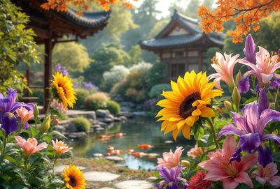 The primary subject of the image is a beautiful garden with a variety of flowers, including sunflowers, and a pond. The setting is a serene and picturesque outdoor space with a mix of natural elements and man-made structures. The visual style of the image is a combination of photo and digital art, creating a vibrant and lively atmosphere. The dominant colors in the scene are orange, yellow, and purple, which contribute to the overall mood of warmth and tranquility.