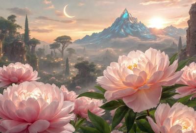 The primary subject of the image is a beautiful flower with a pink petal, surrounded by other flowers. The setting is a picturesque landscape with a mountain in the background, creating a serene and peaceful atmosphere. The visual style is a digital art, which adds a sense of realism and depth to the scene. The colors and mood are predominantly pink, which adds a touch of warmth and elegance to the image.