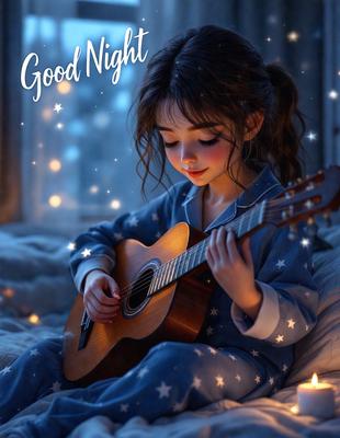 The primary subject of the image is a young girl playing a guitar. She is sitting on a bed, which serves as the setting for the scene. The visual style of the image is a digital art, featuring a cute and playful girl. The colors and mood of the image are warm and inviting, with the girl's smile and the guitar's warm tones creating a pleasant atmosphere.