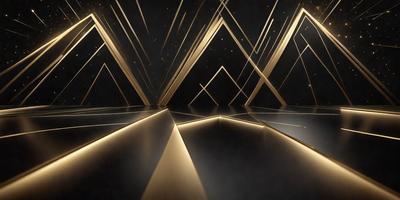 The primary subject of the image is a large, shiny, gold-colored wall with a geometric pattern. The setting is a room with a black background, which contrasts with the gold wall. The visual style is a combination of a photo and digital art, creating a unique and eye-catching design. The dominant colors are gold and black, giving the scene a luxurious and sophisticated atmosphere.