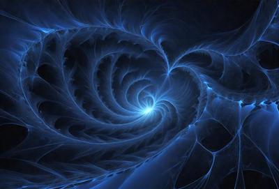 The primary subject of the image is a blue spiral, which appears to be a digital art or illustration. The setting is a dark background, which adds to the overall mood of the image. The visual style is a combination of digital art and illustration, creating a unique and captivating scene. The colors and mood of the image are predominantly blue, giving it a calm and serene atmosphere.