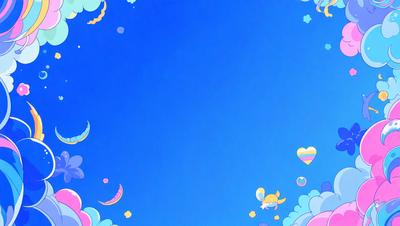 The primary subject of the image is a blue sky with a few clouds. The setting is a bright and clear day, with no visible landmarks or objects. The visual style is a digital art or illustration, as the sky is filled with colorful and whimsical clouds. The colors and mood of the image are vibrant and cheerful, creating a sense of happiness and freedom.