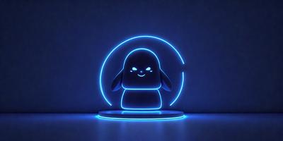 The primary subject of the image is a blue, neon-lit cartoon penguin. The setting is a dark room with a blue background, and the visual style is a digital art or illustration. The dominant colors are blue and black, creating a cool and mysterious atmosphere.