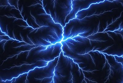 The primary subject of the image is a bright blue lightning bolt, which is the main focus of the scene. The lightning bolt is surrounded by a dark background, creating a striking contrast. The visual style of the image is a close-up of the lightning bolt, emphasizing its vibrant color and intensity. The colors and mood of the image are predominantly blue and energetic, as the lightning bolt represents a powerful and dynamic force of nature.