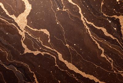The primary subject of the image is a close-up of a marbled surface with gold and brown colors. The setting is a dark room, and the visual style appears to be a combination of a photo and a digital art or illustration. The dominant colors are gold and brown, creating a warm and luxurious atmosphere.