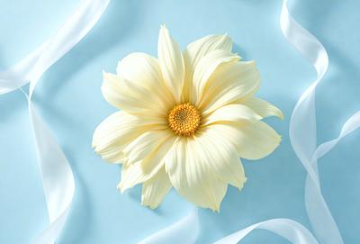 The primary subject of the image is a white flower with a yellow center, sitting on a blue surface. The setting appears to be a water surface, possibly a pool or a lake. The visual style of the image is a close-up of the flower, showcasing its details and beauty. The colors in the image are predominantly white and blue, creating a serene and calming atmosphere.