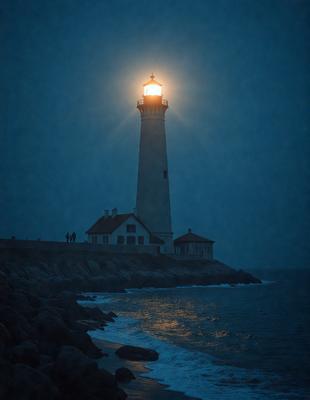Primary subject: Lighthouse
Setting/background: Ocean
Visual style: Photo
Colors and mood: Blue and dark, creating a serene and dramatic atmosphere.