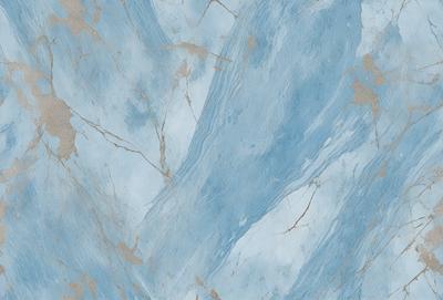 The primary subject of the image is a blue marble wall with a pattern of white and blue swirls. The setting is a room with a blue marble floor, and the visual style is a close-up of the marble wall. The colors and mood of the image are predominantly blue and white, creating a serene and elegant atmosphere.