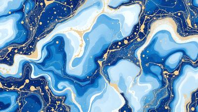 The primary subject of the image is a blue and gold painting featuring a swirling design. The setting is a blue background, and the visual style appears to be a digital art or illustration. The dominant colors in the painting are blue and gold, creating a vibrant and lively atmosphere.