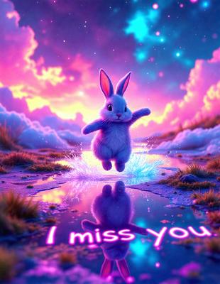 The primary subject of the image is a cute bunny rabbit. The setting is a pink and purple sky, which creates a whimsical and dreamy atmosphere. The visual style is a digital art, with the bunny and its reflection in the water being the main focus of the scene. The colors and mood of the image are vibrant and cheerful, with the pink and purple hues adding a sense of warmth and happiness to the scene.