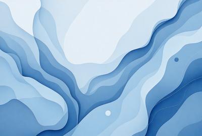 The primary subject of the image is a blue and white mountainous landscape. The setting is a blue sky, and the visual style is a digital art or illustration. The colors and mood of the image are predominantly blue and white, creating a serene and calming atmosphere.