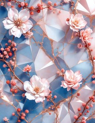 The primary subject of the image is a beautiful arrangement of pink flowers. The flowers are placed on a blue and pink background, creating a visually appealing contrast. The setting appears to be a painting or digital artwork, as the flowers are depicted in a detailed and intricate manner. The overall atmosphere of the image is one of elegance and beauty, with the pink flowers serving as the focal point of the scene.
