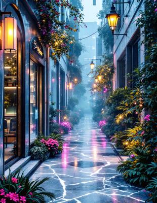 The primary subject of the image is a long, narrow, and dark alleyway lined with potted plants and flowers. The setting is an urban environment, with buildings on either side of the alley. The visual style is a combination of photo and digital art, creating a surreal and moody atmosphere. The dominant colors are purple and green, with the purple flowers and green plants adding a sense of mystery and enchantment to the scene.