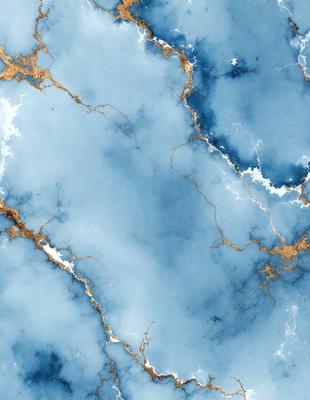 The primary subject of the image is a blue marble wall with gold accents. The setting is a room with a blue and gold marble wall, which serves as the background. The visual style is a combination of photo and digital art, creating a unique and intricate design. The dominant colors are blue and gold, giving the wall a luxurious and elegant appearance.