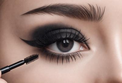 The primary subject of the image is a woman's eye, with a focus on the eyelashes and the surrounding area. The setting is a close-up of the eye, and the visual style appears to be a photo. The colors in the image are predominantly black and brown, creating a moody atmosphere.