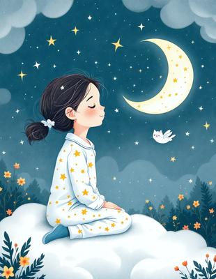The primary subject of the image is a young girl sitting on a cloud, wearing a nightgown. She is looking up at the night sky, which is filled with stars. The setting is a nighttime scene with a moon visible in the sky. The visual style is an illustration or a digital art piece, creating a whimsical and dreamy atmosphere. The colors are predominantly dark, with the night sky and the girl's nightgown being the main focus.