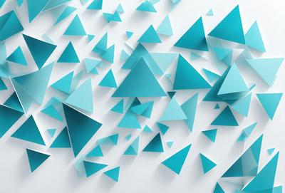 The primary subject of the image is a wall covered with a large number of blue triangles. The setting is a white wall, and the visual style appears to be a digital art or illustration. The dominant colors are blue and white, creating a calm and serene atmosphere.