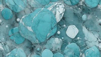 The primary subject of the image is a large blue rock with a white marbled pattern. The rock is surrounded by smaller rocks, creating a visually interesting scene. The setting appears to be a natural environment, possibly a beach or a rocky landscape. The visual style of the image is a combination of photo and digital art, giving it a unique and artistic appearance. The dominant colors in the image are blue and white, creating a serene and calming atmosphere.