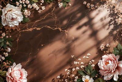 The primary subject of the image is a table with a marble top. The table is adorned with a beautiful floral arrangement, featuring white flowers and green leaves. The setting is a room with a window, providing natural light to the scene. The visual style of the image is a combination of photo and digital art, creating a realistic yet artistic representation of the table and flowers. The colors and mood of the image are predominantly white and green, giving it a fresh and serene atmosphere.
