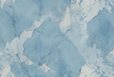 The primary subject of the image is a large rock, which is the main object in the scene. The rock is situated on a blue surface, which could be a wall or a background. The visual style of the image is a combination of photo and digital art, creating a unique and interesting appearance. The dominant colors in the image are blue and white, giving it a calm and serene atmosphere.