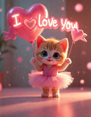 The primary subject of the image is a small, cute, and colorful kitten. The kitten is holding two pink balloons in its paws, and it appears to be wearing a pink dress. The setting is a pink background, which adds to the overall cuteness and playfulness of the scene. The visual style of the image is a combination of photo and digital art, creating a whimsical and charming atmosphere. The dominant colors in the image are pink, which is evident in the