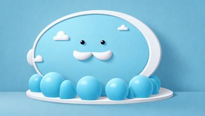 The primary subject of the image is a blue cartoon character with a mustache and a smile. The character is sitting in a blue cartoon egg, which is placed on a blue surface. The visual style of the image is digital art, and the colors and mood are predominantly blue, creating a cheerful and playful atmosphere.