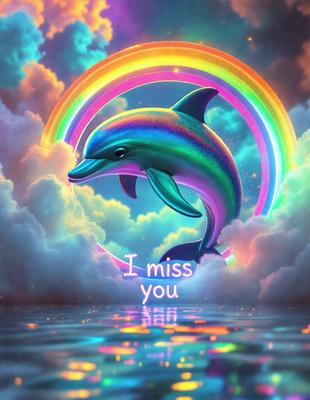 Primary subject: A dolphin.
Setting/background: A colorful, rainbow-colored sky.
Visual style: Digital art.
Colors and mood: The dolphin is blue, pink, and purple, creating a vibrant and cheerful atmosphere.