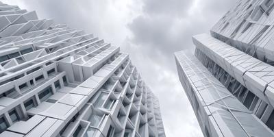 The primary subject of the image is a group of tall, white buildings with many windows. The buildings are situated in a city environment, with a cloudy sky serving as the backdrop. The visual style of the image is a photo, capturing the details and textures of the buildings. The colors and mood of the image are predominantly white and gray, giving it a somewhat somber or neutral atmosphere.