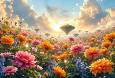 The primary subject of the image is a field of flowers, with a variety of different colored flowers spread throughout the scene. The setting is a beautiful, colorful garden with a sunny atmosphere. The visual style is a digital art or illustration, creating a vibrant and lively scene. The colors and mood are predominantly bright and cheerful, with the flowers adding a sense of warmth and beauty to the environment.