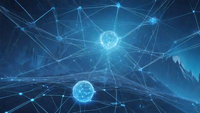 The primary subject of the image is a cluster of three blue spheres floating in a blue, interconnected network. The setting is a dark, starry night, with the spheres illuminated by the bright blue light. The visual style is a combination of digital art and illustration, creating a unique and captivating scene. The colors and mood are predominantly blue, giving the image a serene and peaceful atmosphere.