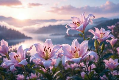 The primary subject of the image is a beautiful bouquet of pink flowers, with a serene and peaceful atmosphere. The flowers are set against a backdrop of a lake, creating a picturesque and calming scene. The visual style of the image is a photo, capturing the natural beauty of the flowers and their surroundings. The colors and mood of the image are predominantly pink, which adds a sense of warmth and tranquility to the scene.