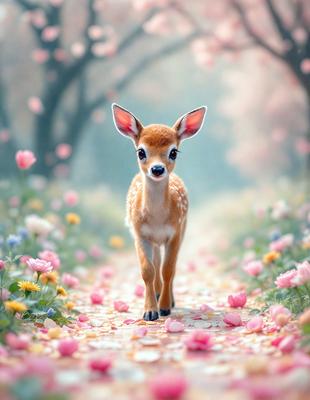 The primary subject of the image is a baby deer, which is walking on a path surrounded by flowers. The setting is a forest, with trees in the background. The visual style is a painting, which gives the scene a vibrant and lively atmosphere. The dominant colors are pink and white, which are associated with the flowers and the baby deer's fur.