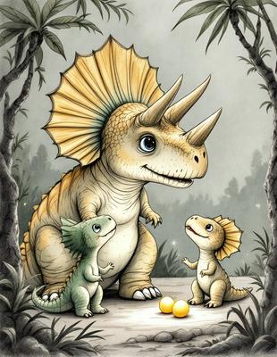 The primary subject of the image is a large, colorful dinosaur with a long horn on its head, standing next to two smaller dinosaurs. The setting is a forest, with trees visible in the background. The visual style is a combination of digital art and illustration, creating a vibrant and lively atmosphere. The colors and mood are predominantly green and brown, with a sense of playfulness and adventure.