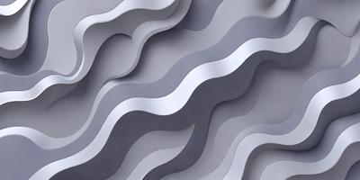 The primary subject of the image is a large, silver, metallic wall with a pattern of waves. The setting is a gray, textured wall, which adds to the overall visual style. The colors in the image are predominantly silver and gray, creating a calm and sophisticated atmosphere.