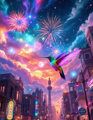 The primary subject of the image is a colorful bird flying in the sky. The bird is surrounded by a vibrant and lively atmosphere, with a backdrop of a cityscape featuring buildings and a clock tower. The visual style of the image is a digital art or illustration, creating a whimsical and imaginative scene. The colors and mood of the image are predominantly bright and cheerful, with the bird's vivid colors contrasting against the city's buildings and the night sky.