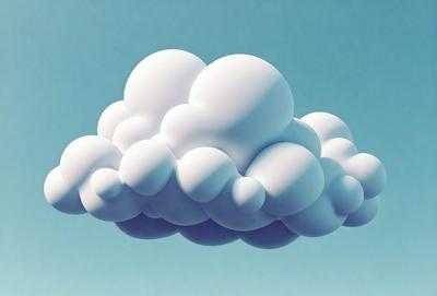 The primary subject of the image is a large, white cloud floating in a blue sky. The cloud is composed of numerous small, white spheres, giving it a unique and interesting appearance. The setting is a clear, cloudless sky, which provides a perfect backdrop for the cloud. The visual style of the image is a combination of photo and digital art, creating a realistic yet artistic representation of the cloud. The colors and mood of the image are predominantly blue and white, with a sense of calmness and tranqu
