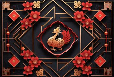 The primary subject of the image is a decorative design featuring a bird, likely a rooster, with a red and gold color scheme. The bird is surrounded by a pattern of red flowers, which adds to the overall visual appeal of the design. The setting appears to be a black background, which contrasts with the vibrant colors of the bird and flowers. The visual style of the image is a combination of digital art and illustration, creating a unique and eye-catching design. The colors and mood of the image are l