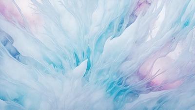 The primary subject of the image is a blue and white painting of a frosty, flowery landscape. The setting is a snowy, icy environment, with a blue sky visible in the background. The visual style of the painting is a mix of digital art and illustration, creating a unique and captivating scene. The dominant colors in the painting are blue and white, giving the image a cold and serene atmosphere.