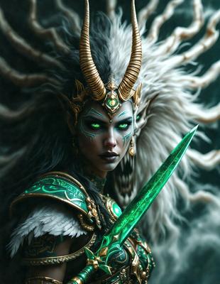 The primary subject of the image is a woman wearing a costume, possibly a demon or a character from a fantasy world. She is holding a green sword, which is the main object in the scene. The setting appears to be a dark or mysterious environment, possibly a forest or a cave. The visual style of the image is digital art, as it is a detailed and intricate illustration. The dominant colors in the image are green and black, creating a moody and mysterious atmosphere.