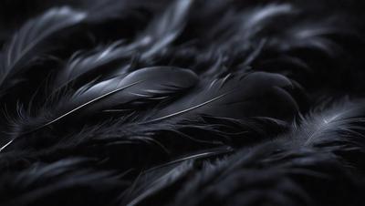 The primary subject of the image is a close-up of a black bird's feathers. The setting is a dark background, which emphasizes the feathers' texture and details. The visual style is a black and white photo, giving the image a classic and timeless appearance. The dominant colors are black and white, creating a moody and dramatic atmosphere.