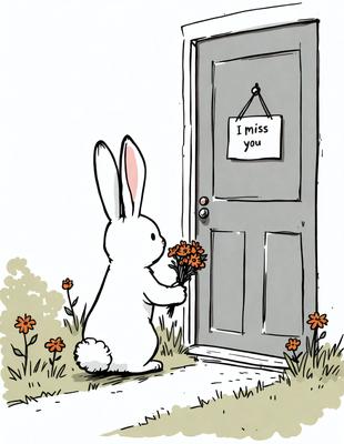 The primary subject of the image is a white bunny holding a bouquet of flowers. The setting is a doorway, with the bunny standing in front of it. The visual style is a hand-drawn illustration, giving the image a whimsical and charming appearance. The colors are predominantly white and orange, creating a warm and inviting atmosphere.