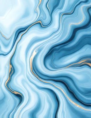 The primary subject of the image is a blue and gold patterned surface, which appears to be a marbled or textured material. The setting is a blue background, and the visual style is a combination of digital art and illustration. The dominant colors are blue and gold, creating a sense of depth and richness in the overall atmosphere.
