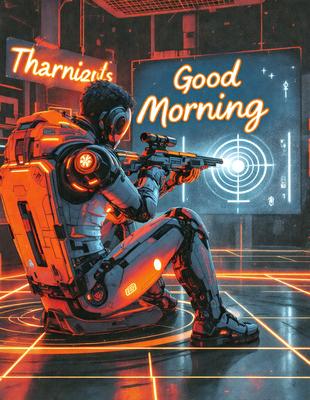 The primary subject of the image is a man in a futuristic suit, sitting on a chair and holding a gun. The setting is a futuristic environment, possibly a video game or a science fiction scene. The visual style is digital art, with the man and his surroundings depicted in a vibrant and detailed manner. The colors and mood of the image are energetic and action-packed, with the man's suit and the gun he holds being the main focus of the scene.