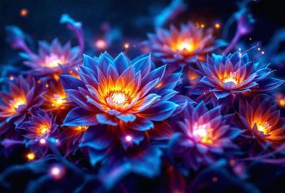 The primary subject of the image is a group of purple flowers with yellow centers. The flowers are arranged in a blue background, creating a visually striking scene. The visual style of the image is a combination of photo and digital art, as it appears to be a close-up of the flowers with a blue background. The colors and mood of the image are predominantly purple and blue, giving it a serene and calming atmosphere.